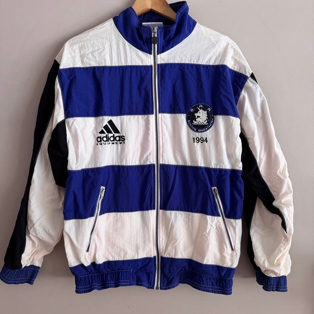 Vintage 1994 Boston Marathon Adidas Equipment Jacket Full Zip Striped Blue White